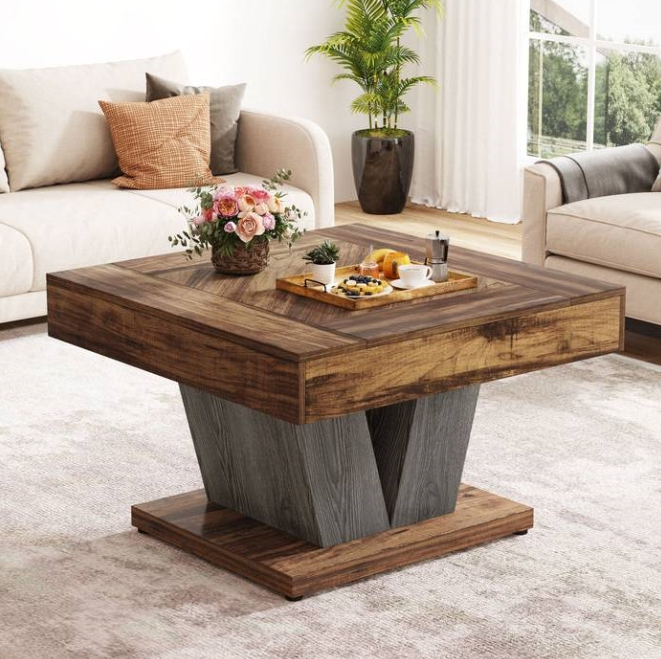 Square Farmhouse Coffee Table in Brown Black Wood Finish