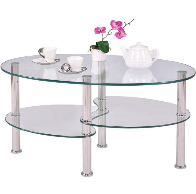 Modern Oval Tempered Glass Coffee Table with Bottom Shelf