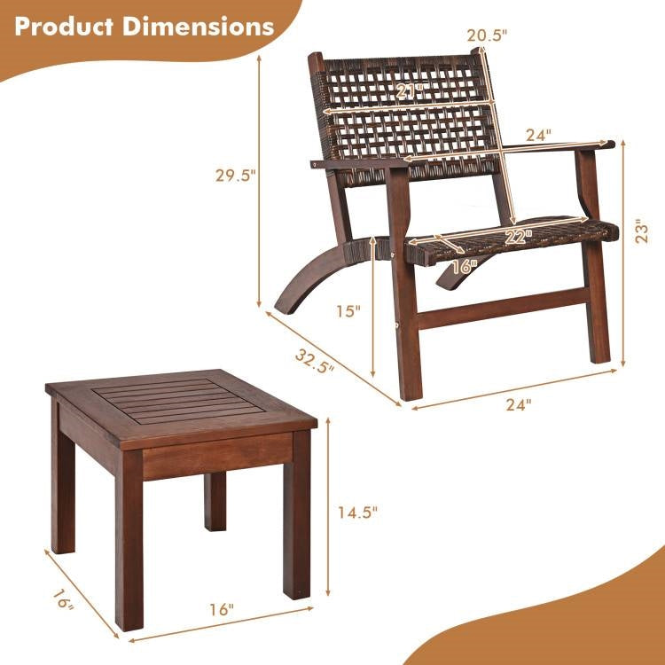 3 Piece Wooden Rattan Outdoor Patio Furniture Chair Table Bistro Set *