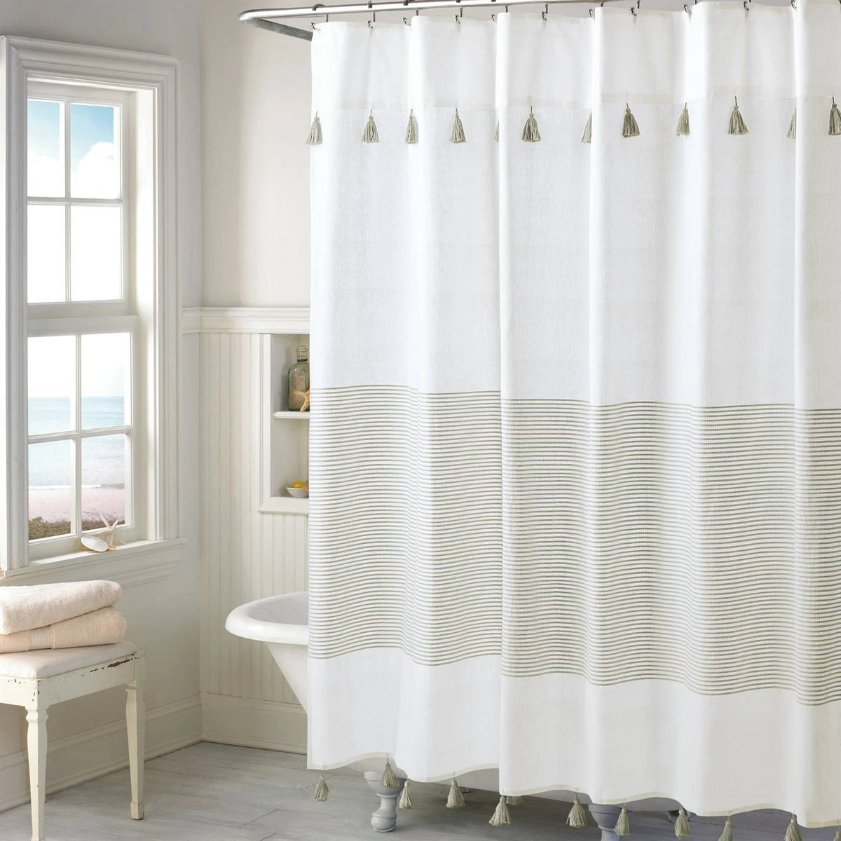 72-inch Stripes Cotton Shower Curtain with Tassels