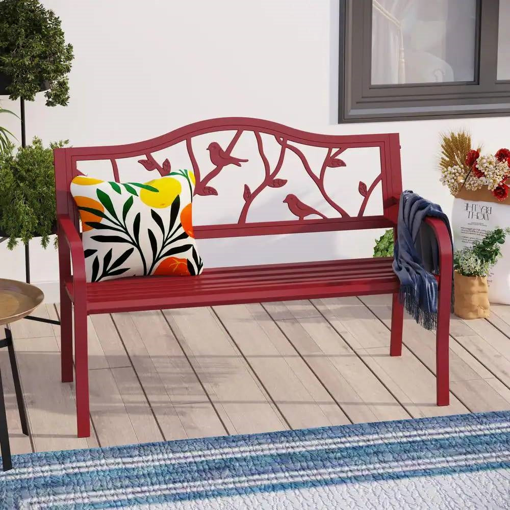 Red Steel Frame Outdoor Patio Garden Bench with Bird Branch Pattern Backrest *