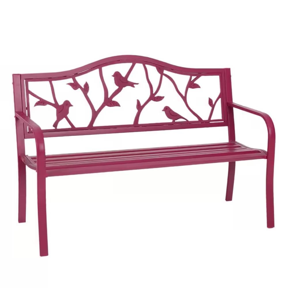 Red Steel Frame Outdoor Patio Garden Bench with Bird Branch Pattern Backrest *