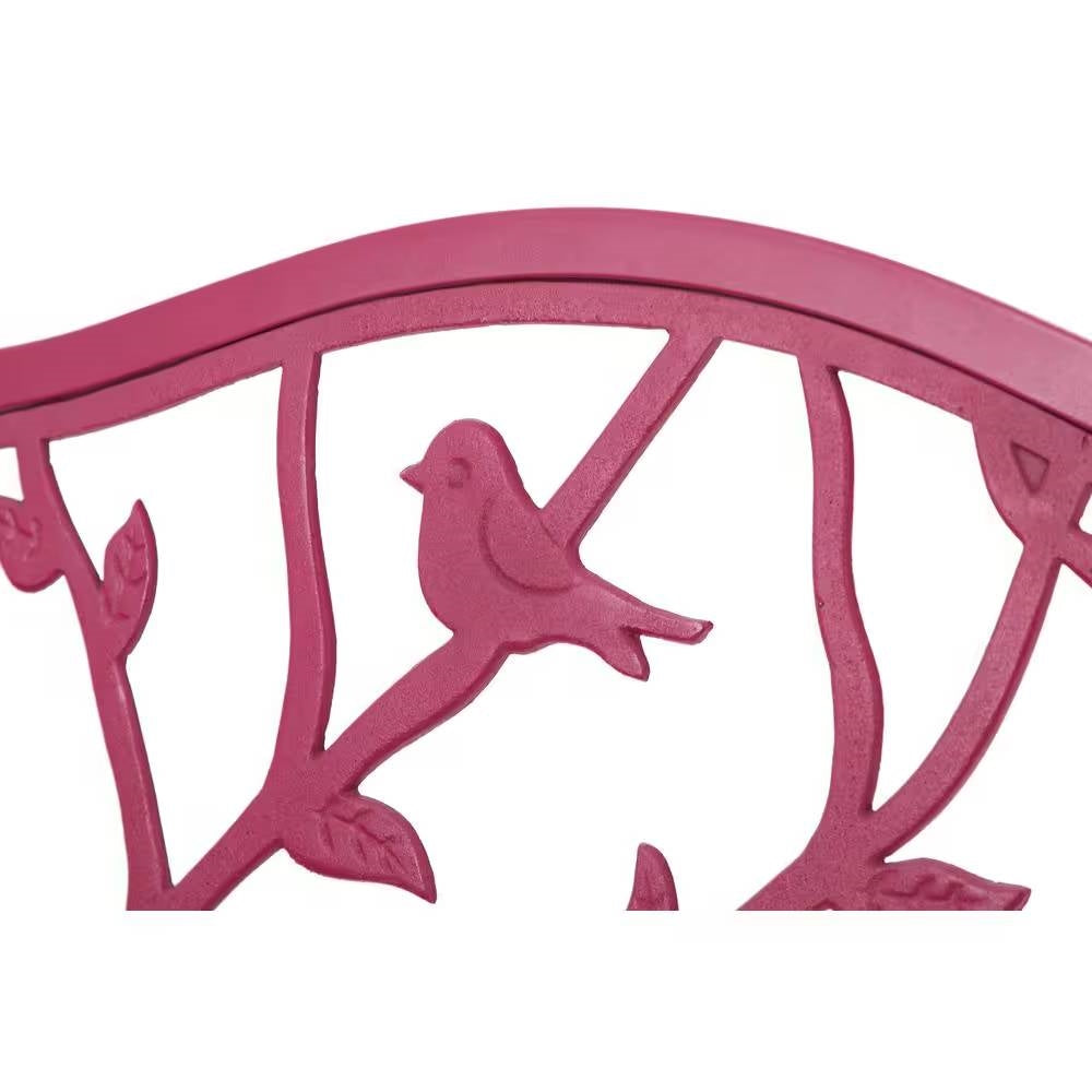 Red Steel Frame Outdoor Patio Garden Bench with Bird Branch Pattern Backrest *