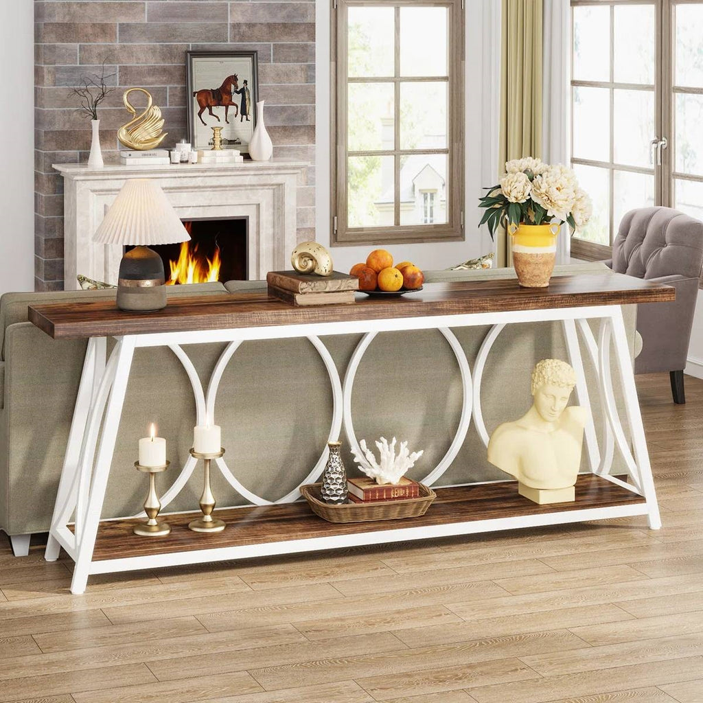 Industrial 70-inch Wood Top Sofa Table with Heavy Duty Metal Frame