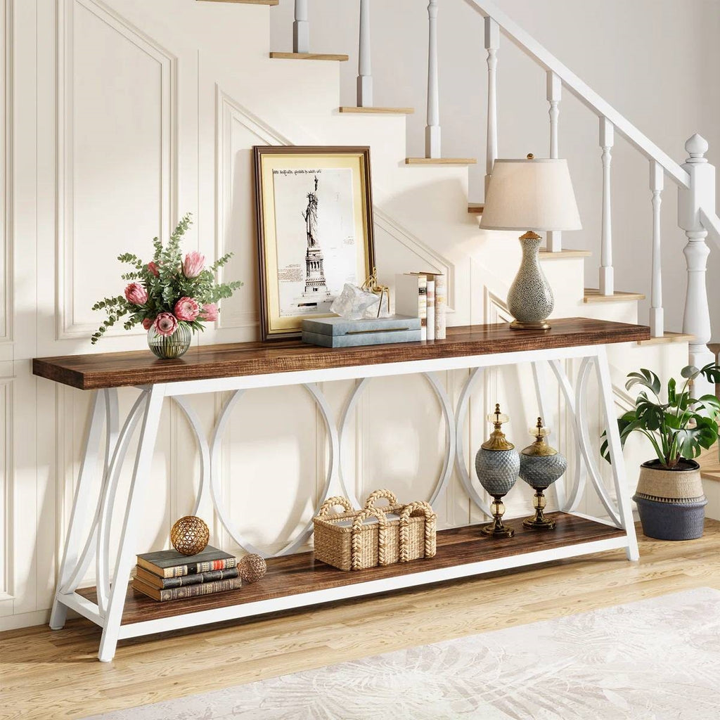 Industrial 70-inch Wood Top Sofa Table with Heavy Duty Metal Frame