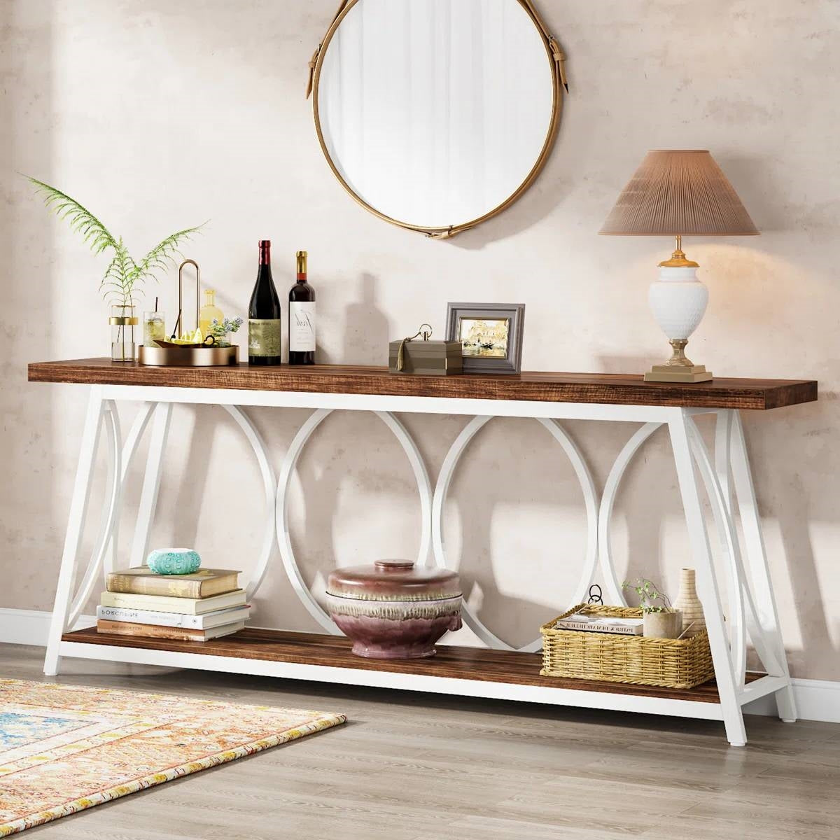Industrial 70-inch Wood Top Sofa Table with Heavy Duty Metal Frame