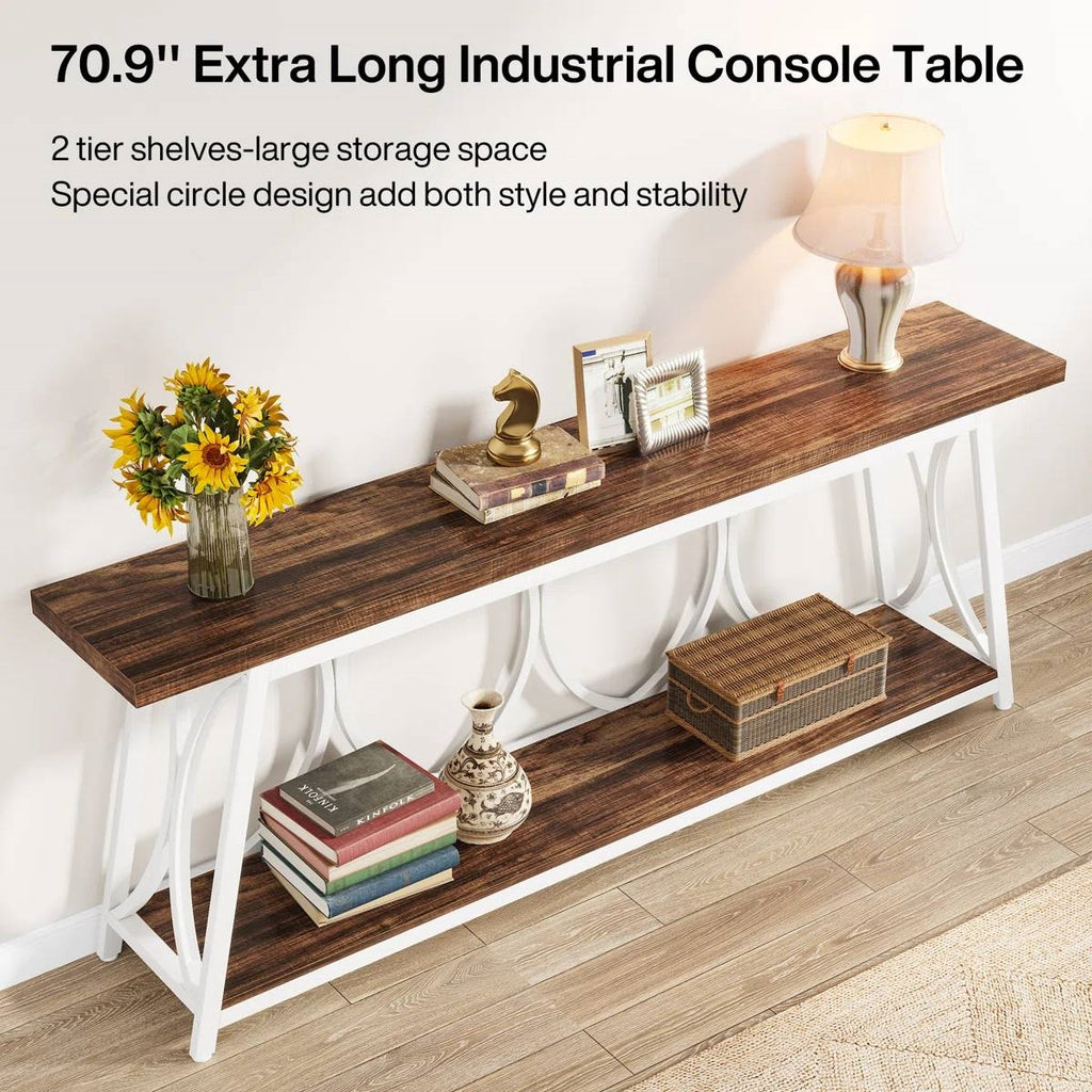 Industrial 70-inch Wood Top Sofa Table with Heavy Duty Metal Frame
