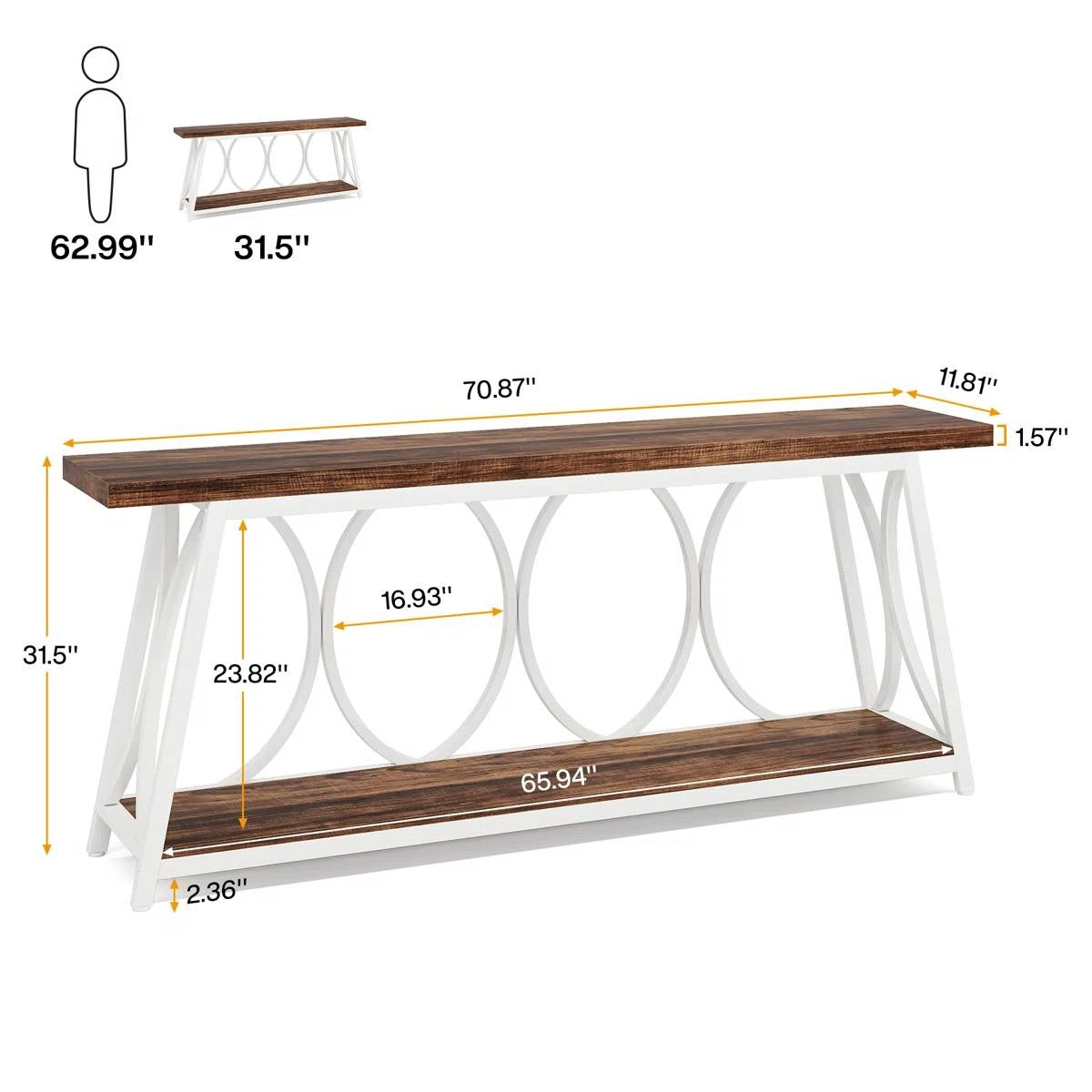 Industrial 70-inch Wood Top Sofa Table with Heavy Duty Metal Frame