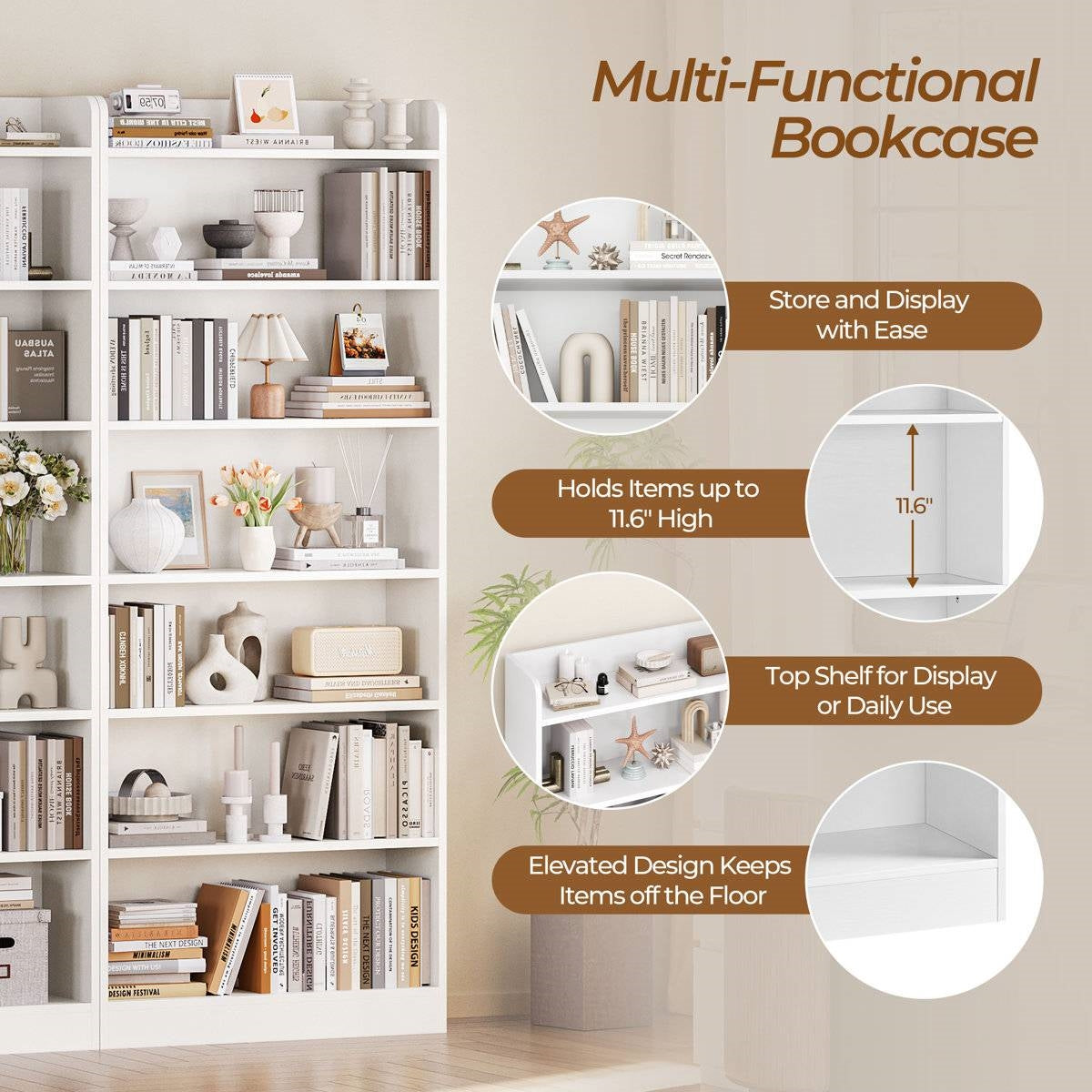 7-Tier Tall Modern Bookcase Space-Saving Storage Shelf
