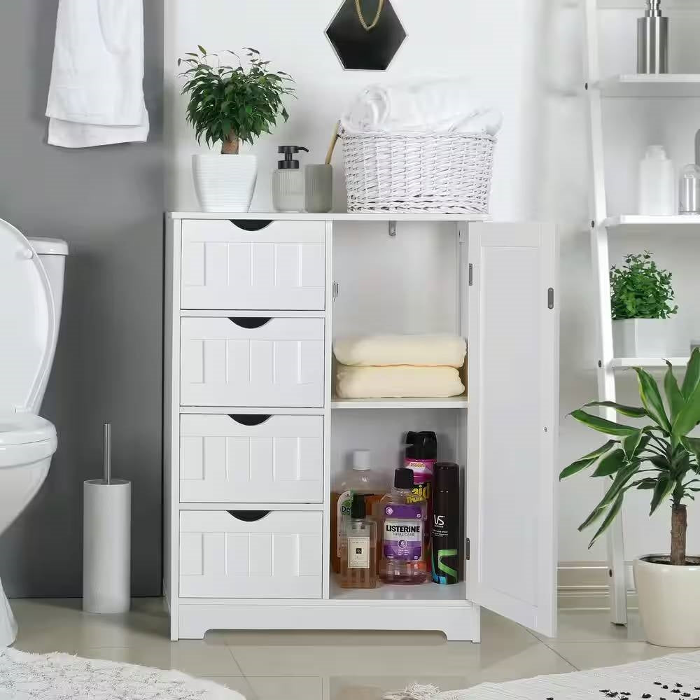 Modern Farmhouse 4-Drawer Bathroom Linen Cabinet in White Wood Finish