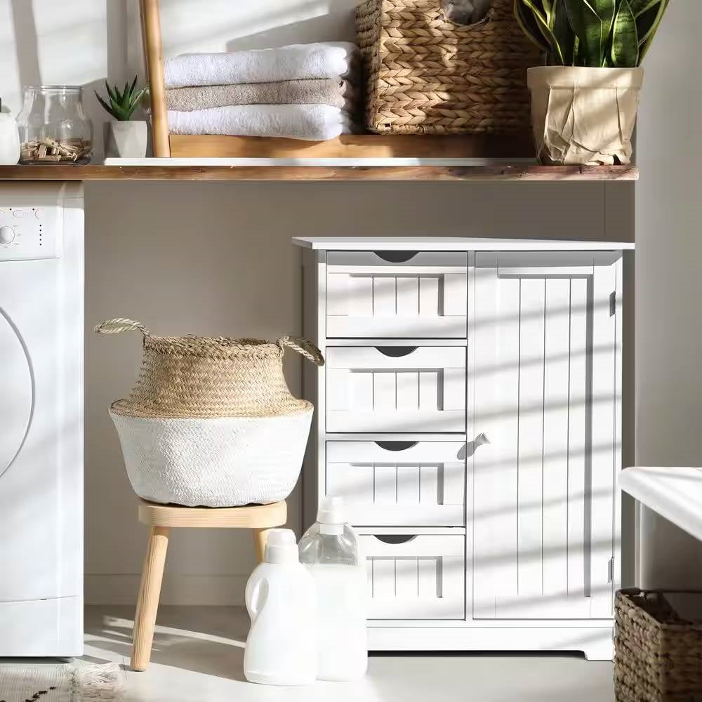 Modern Farmhouse 4-Drawer Bathroom Linen Cabinet in White Wood Finish