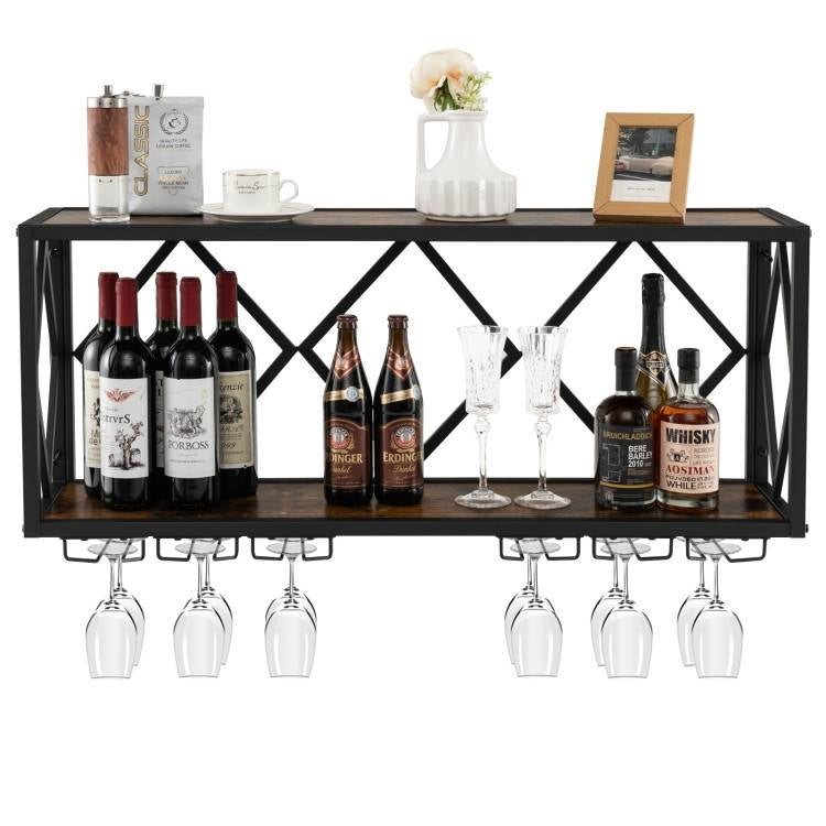 Industrial Rustic Brown Wood Metal Wall Mounted Wine Rack Shelf