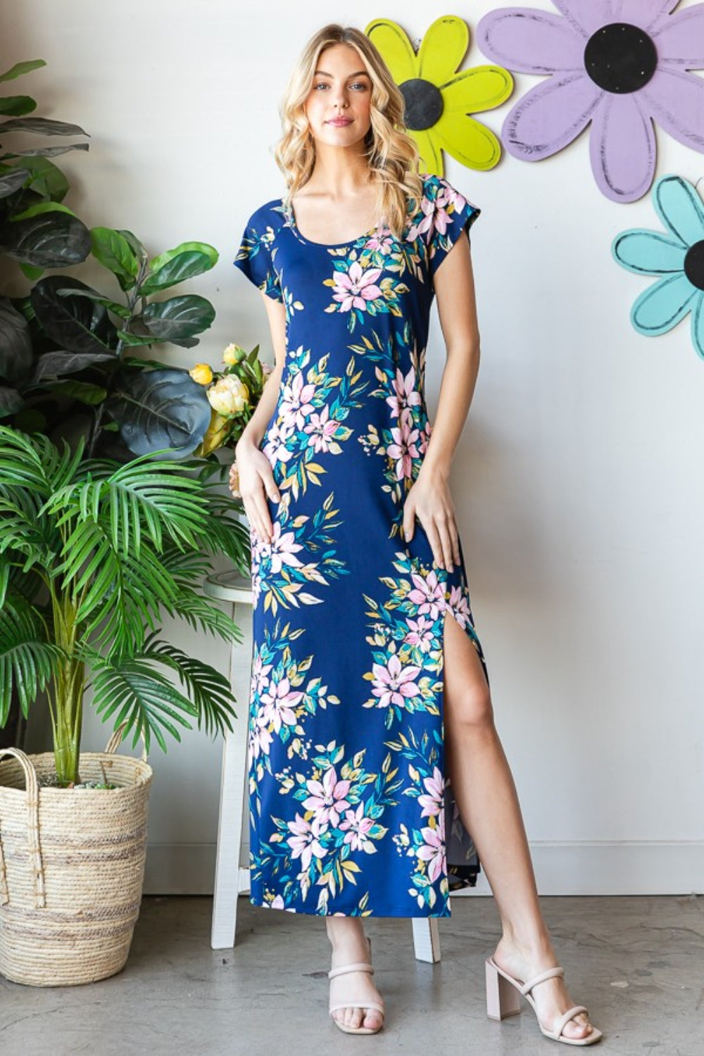 Heimish Full Size Floral Short Sleeve Slit Dress *