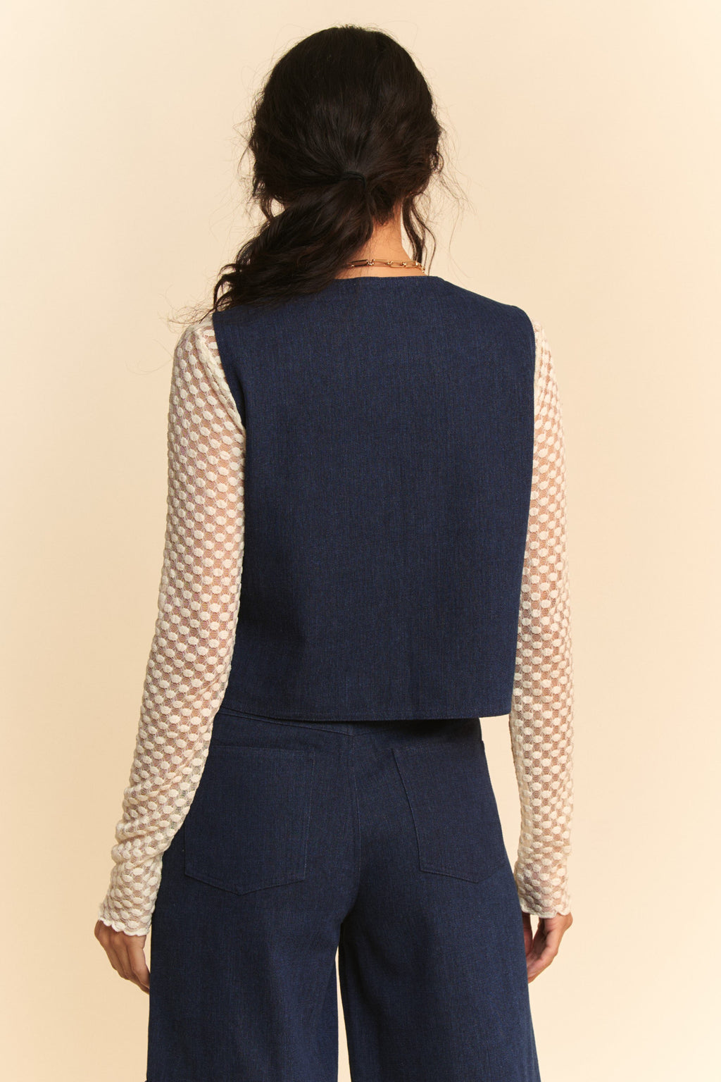 Davi & Dani Lace Patch Open Front Denim Vest *