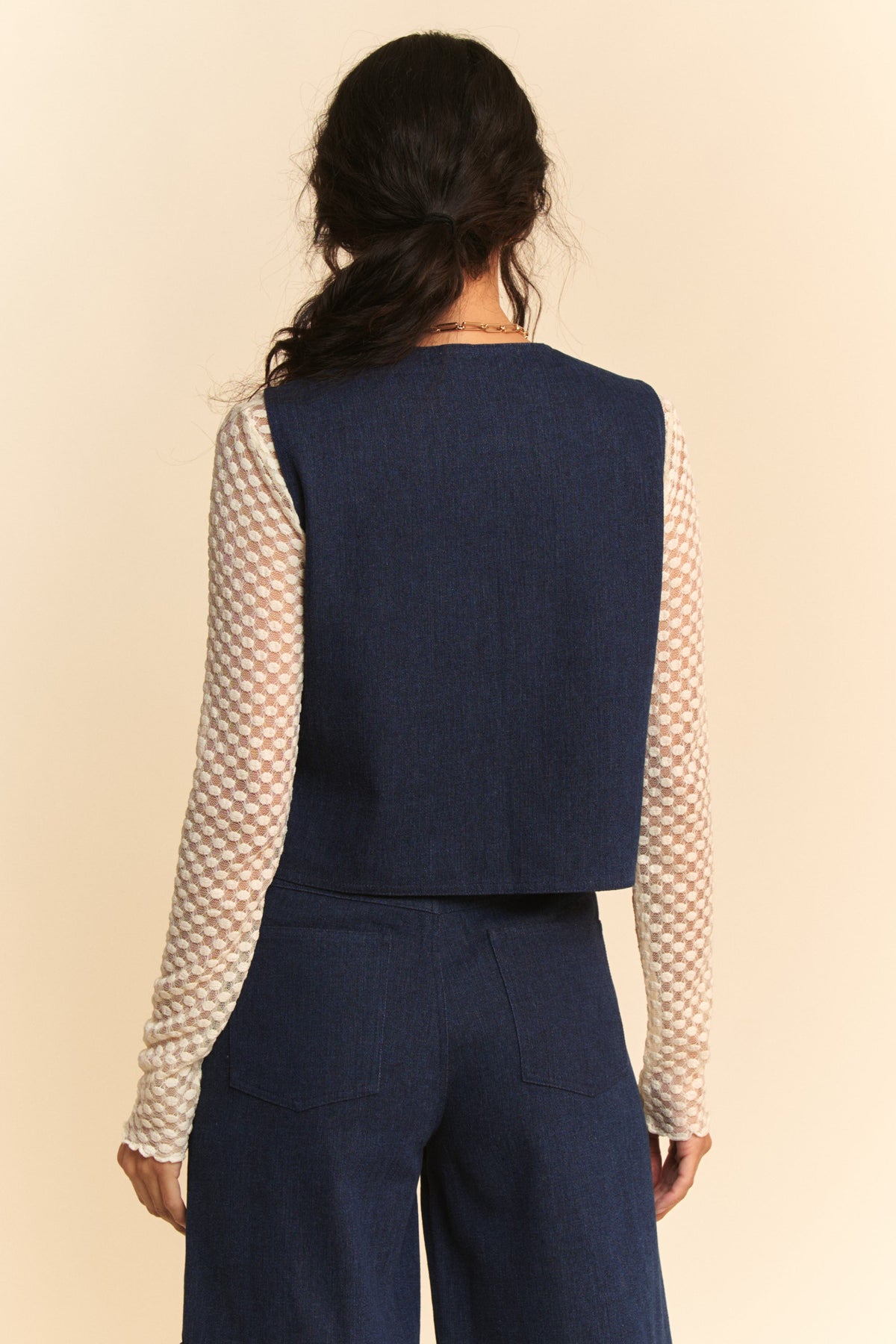 Davi & Dani Lace Patch Open Front Denim Vest *