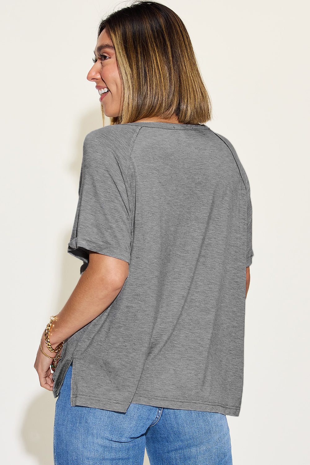 Basic Bae Full Size Bamboo Slit V-Neck Short Sleeve T-Shirt *