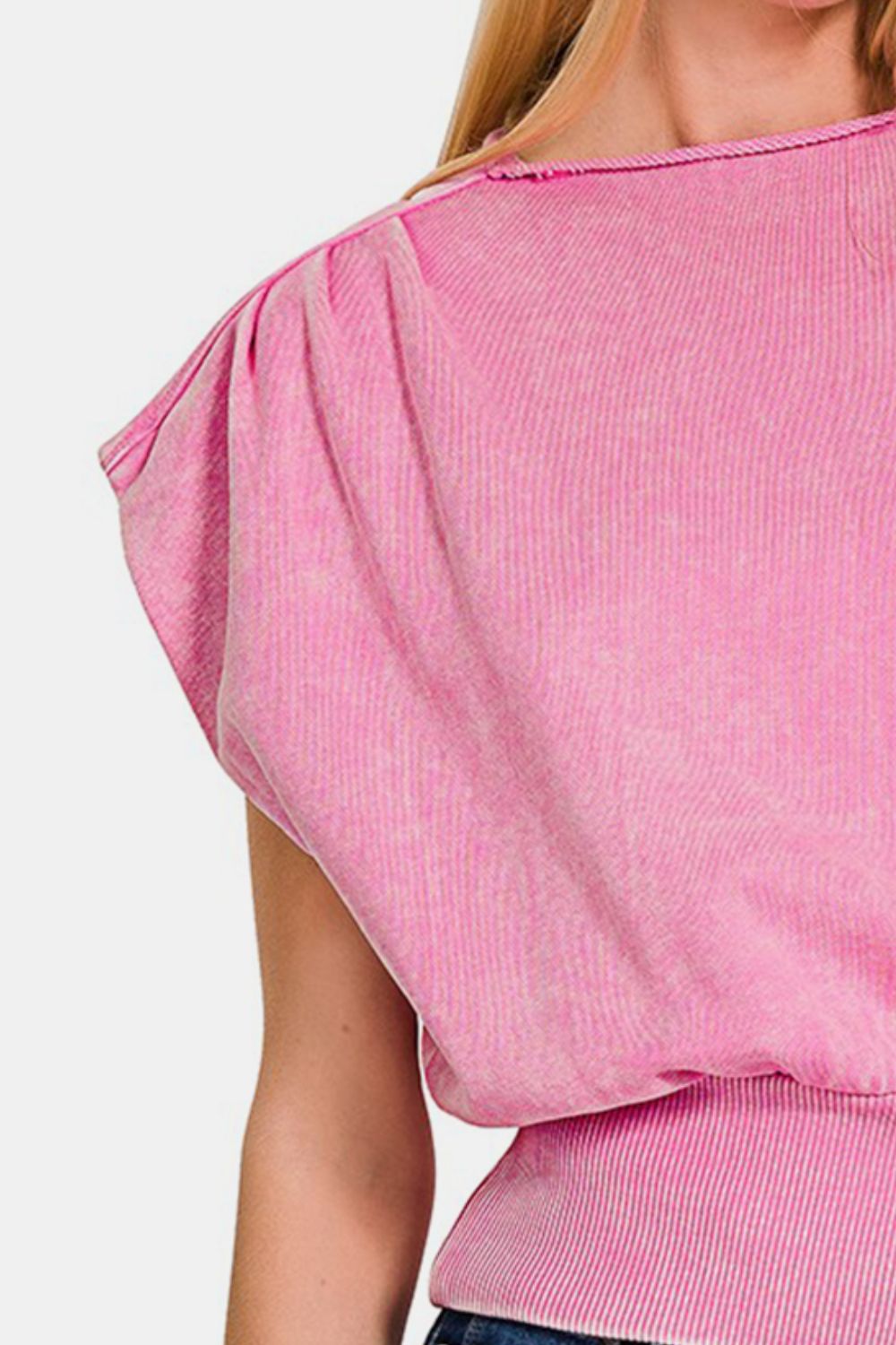 Zenana Washed Boat Neck Bottom Banded Dolman Sleeve Top *