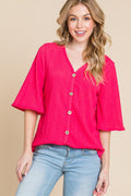 BOMBOM Texture Decorative Button V-Neck Top *