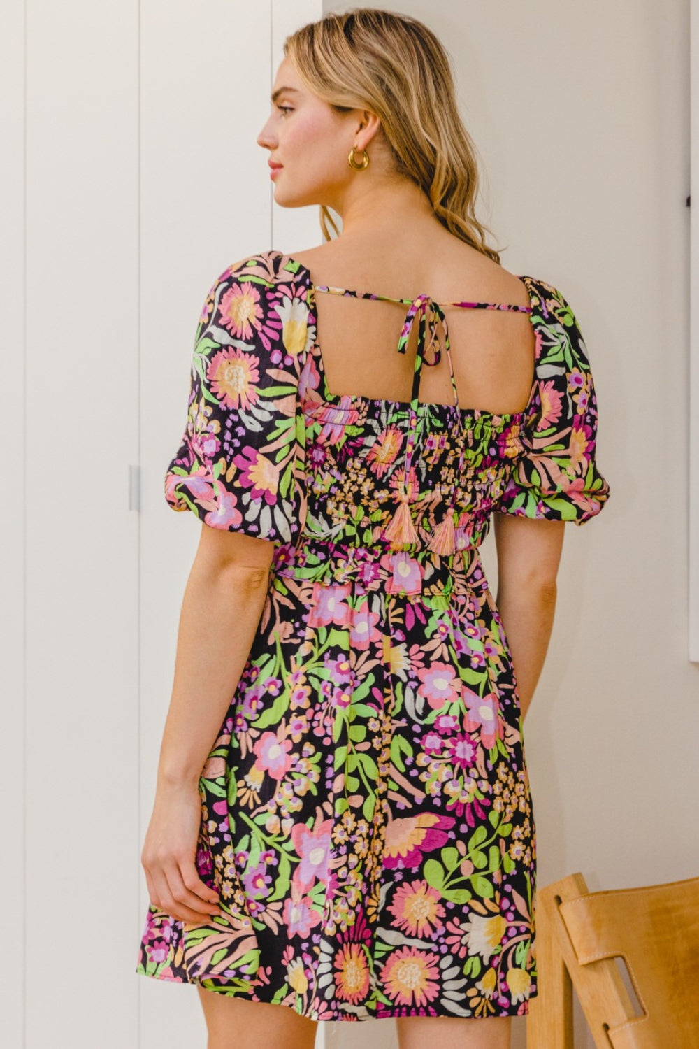ODDI Full Size Floral Tie-Back Mini Dress *
