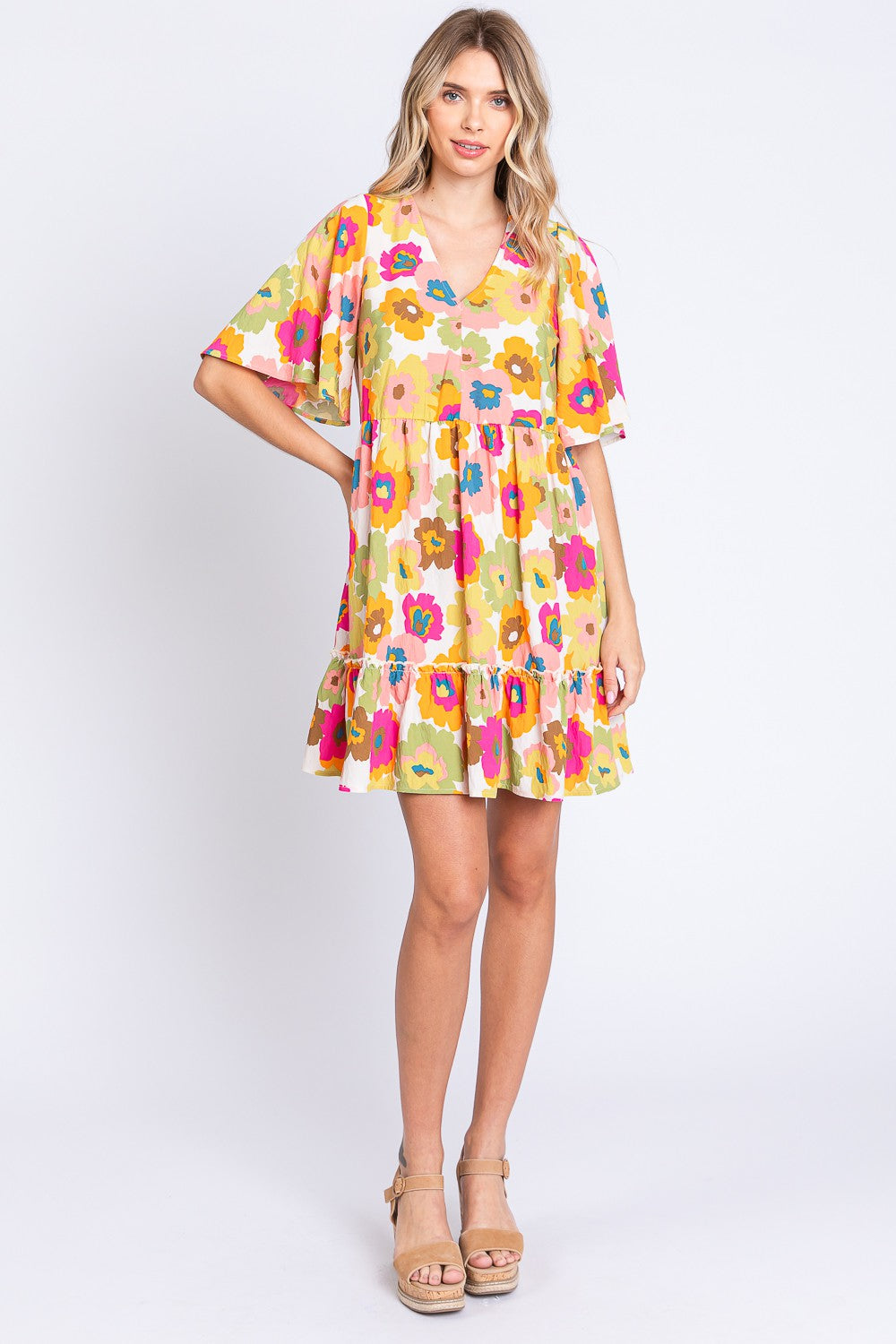 GeeGee Floral V-Neck Ruffle Hem Mini Dress *
