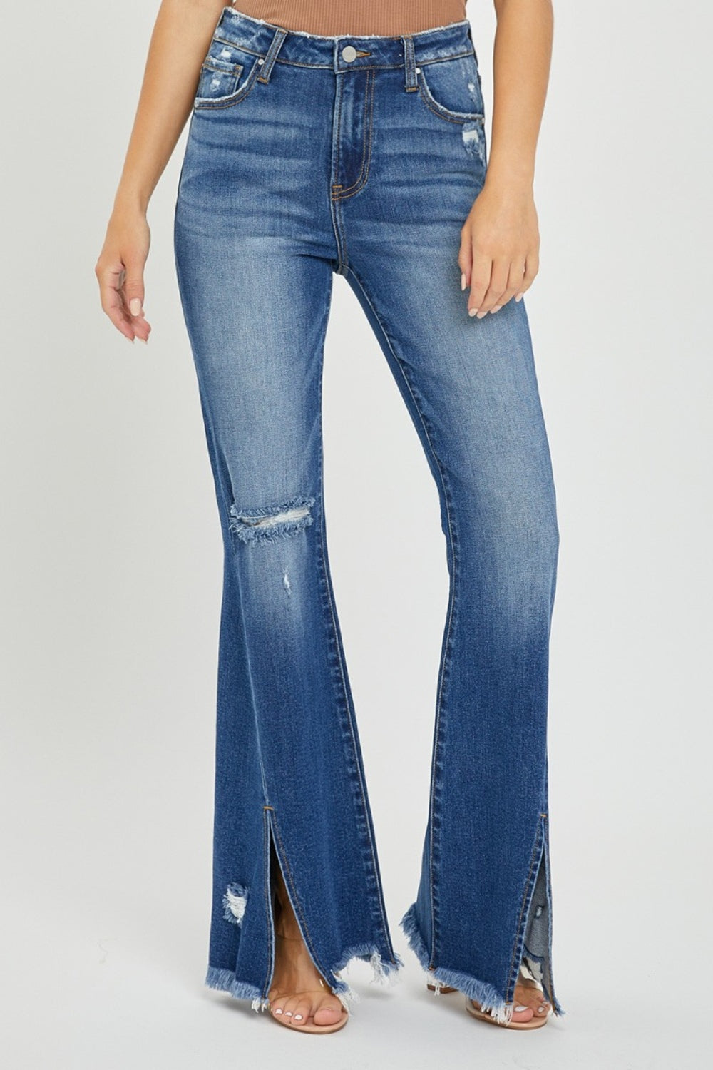 RISEN Full Size High Rise Front Slit Frayed Hem Flare Jeans *