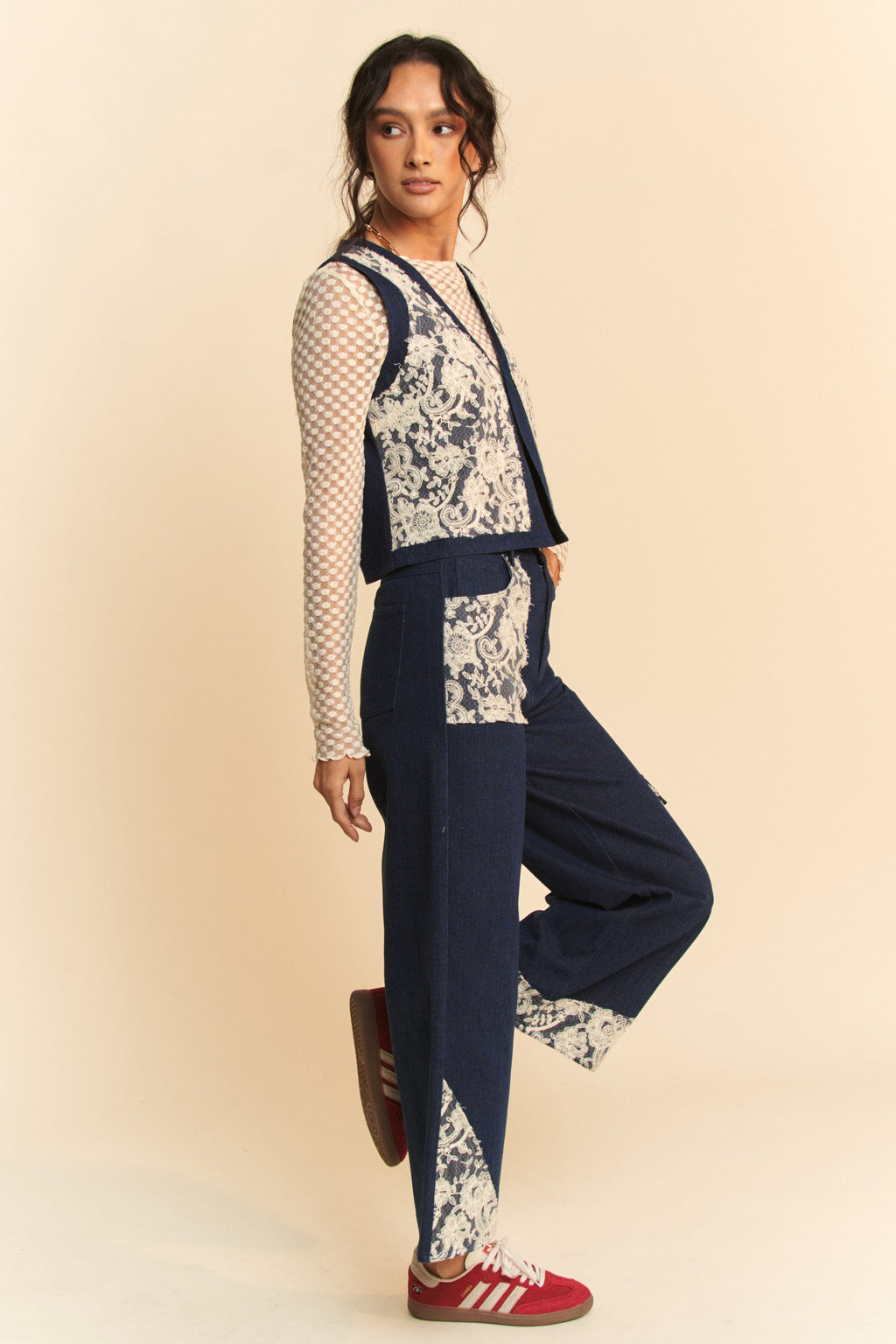 Davi & Dani Lace Patch Open Front Denim Vest *