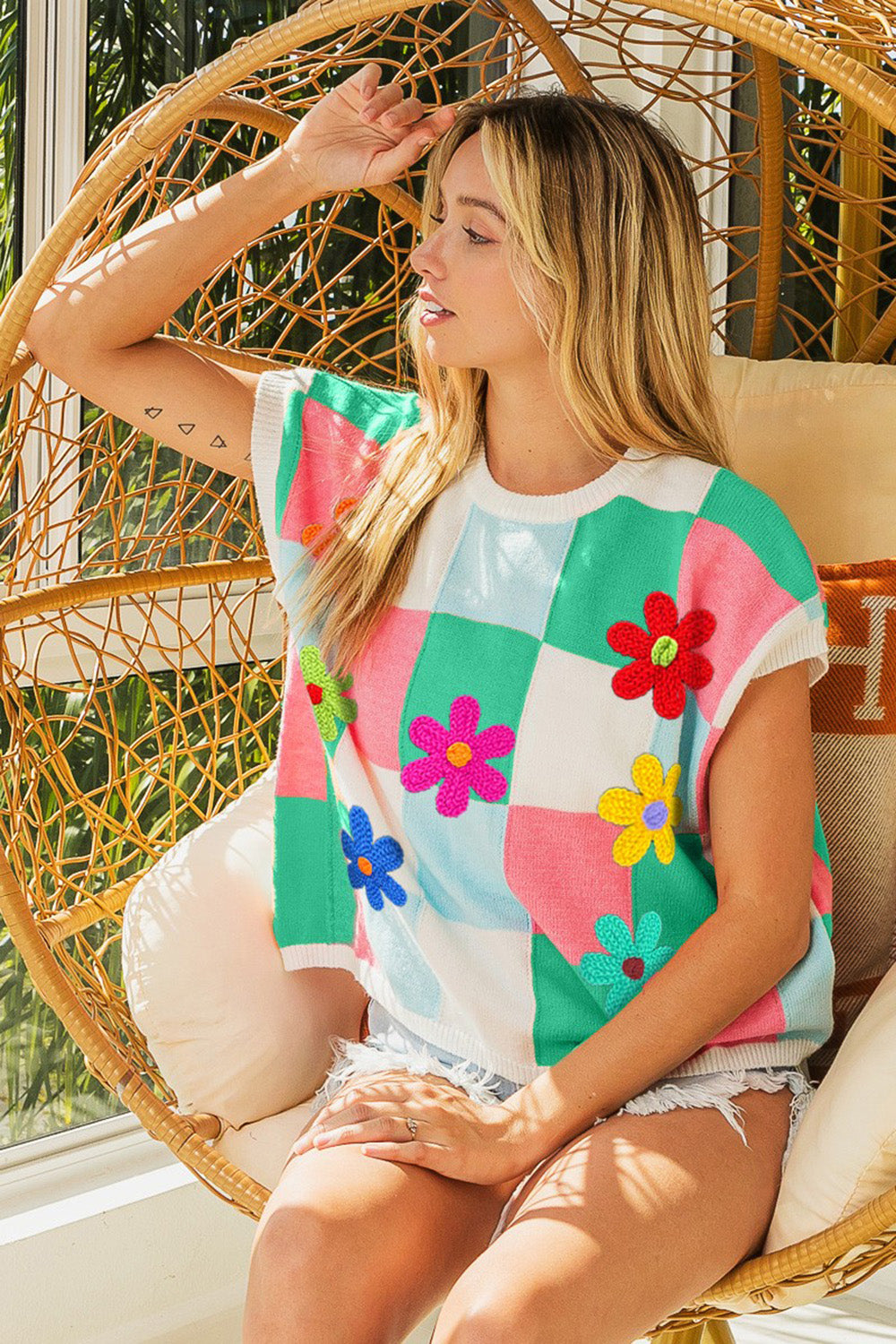 BiBi Flower Patch Checkered Sweater Vest - Brand BiBi