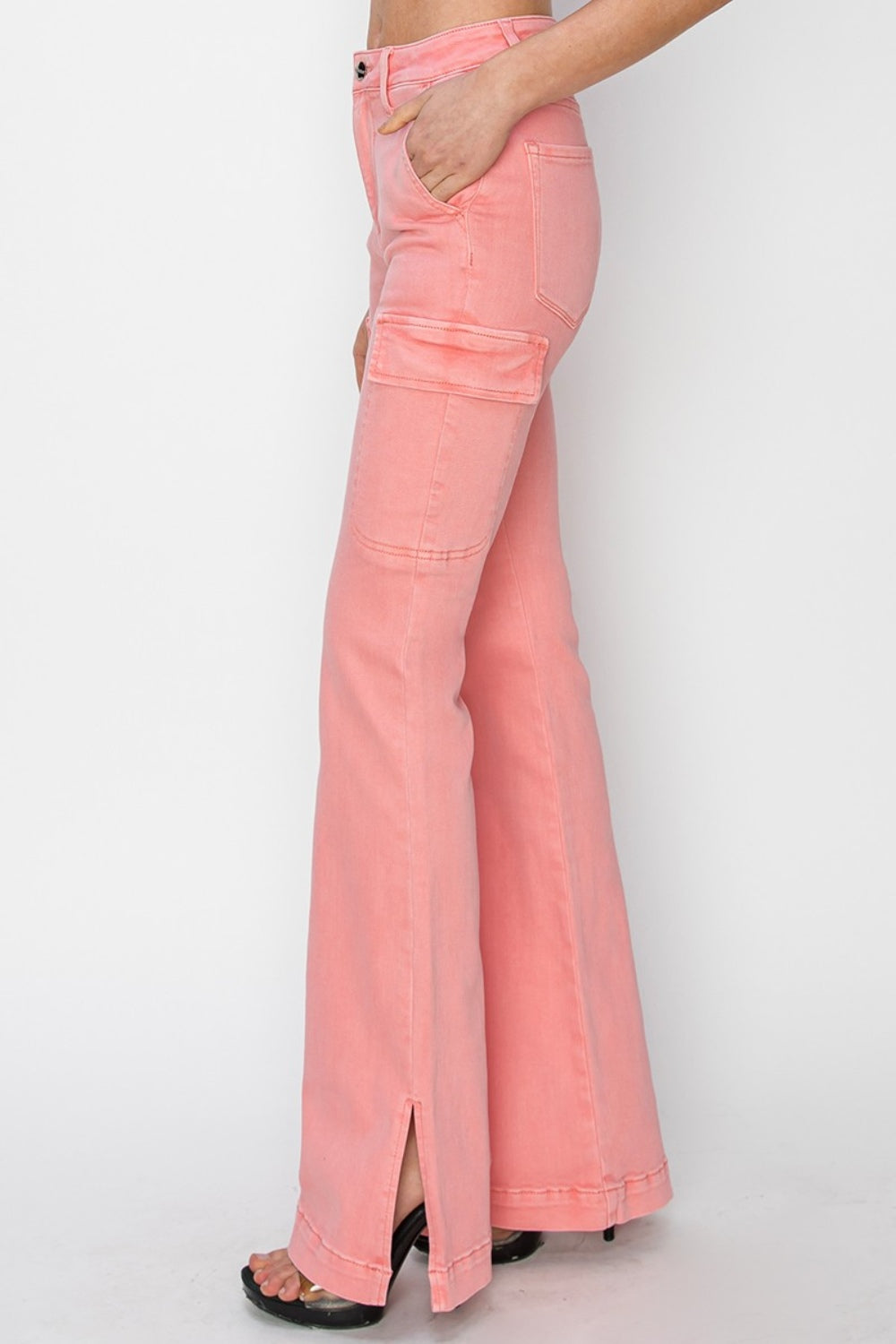 RISEN Full Size High Rise Side Slit Cargo Bootcut Jeans *