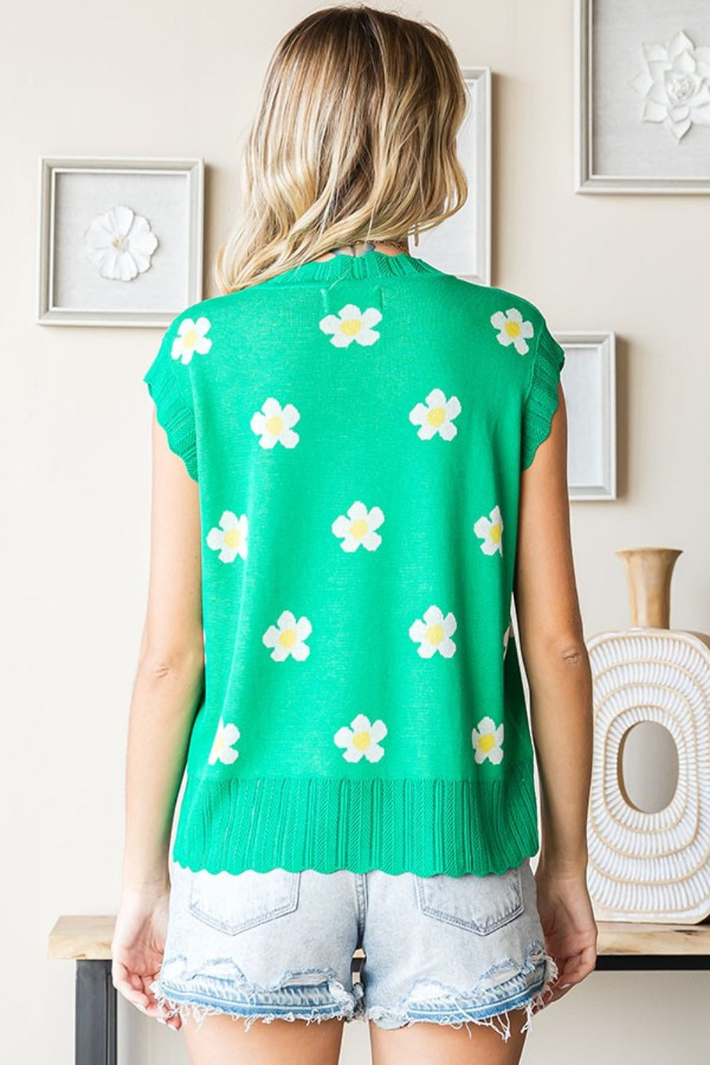 First Love Full Size Flower Pattern Round Neck Sweater Vest *