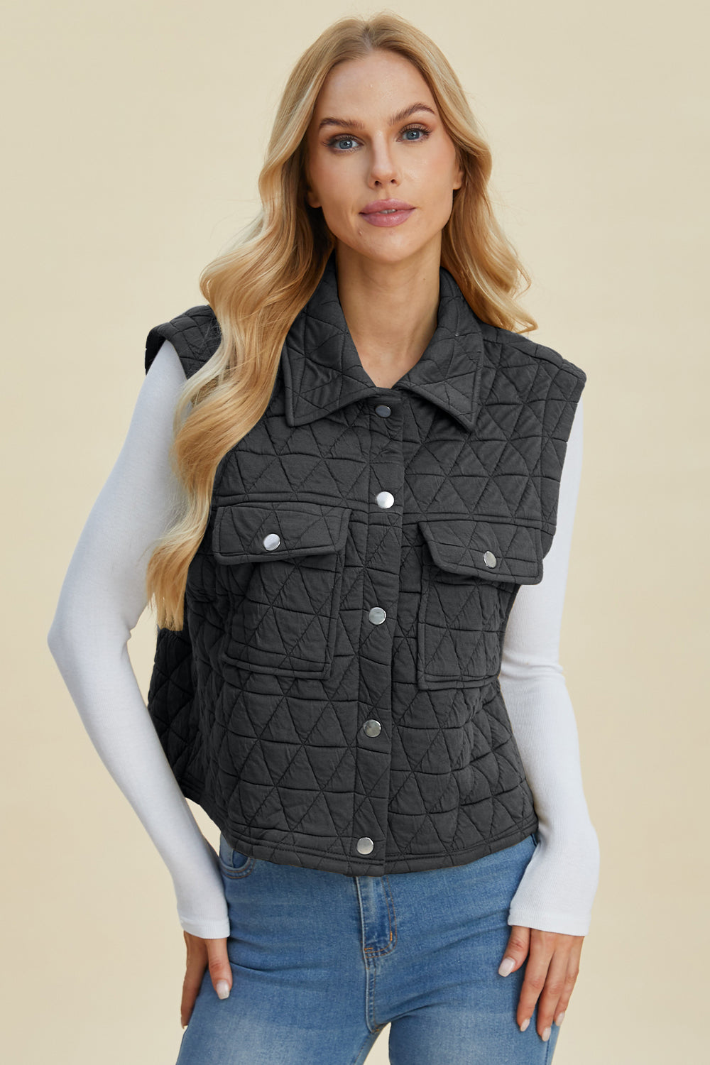Double Take Full Size Pocketed Texture Snap Down Vest Coat *