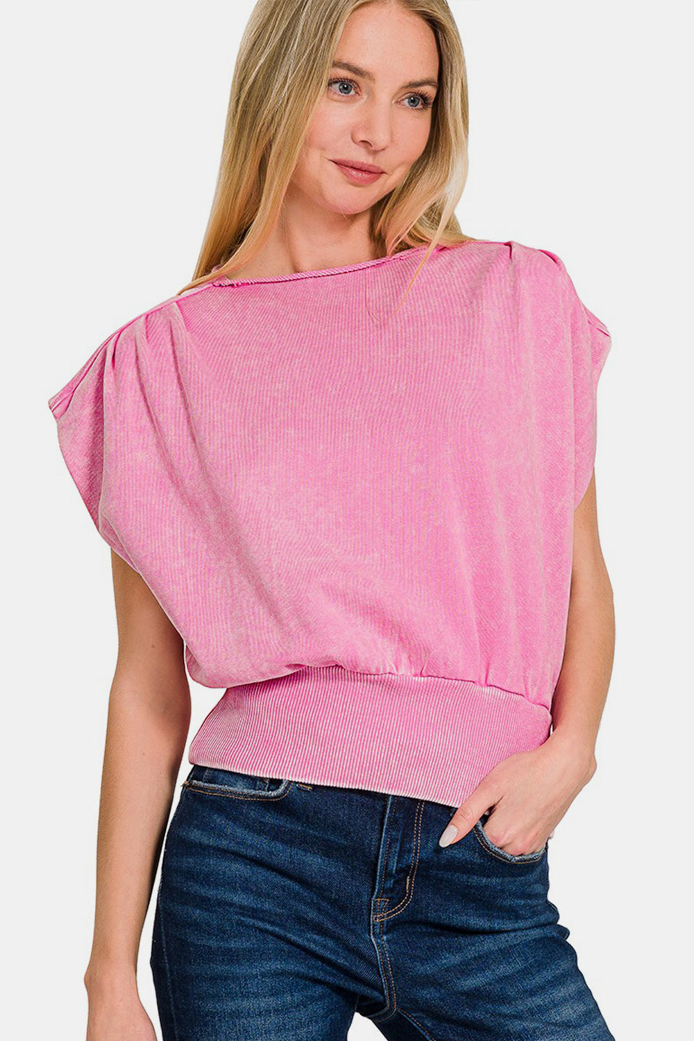 Zenana Washed Boat Neck Bottom Banded Dolman Sleeve Top *