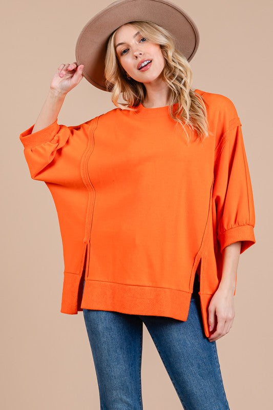 Ces Femme Side Slit Drop Shoulder Puff Sleeve Sweatshirt *