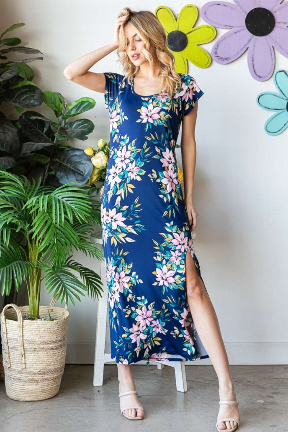 Heimish Full Size Floral Short Sleeve Slit Dress *