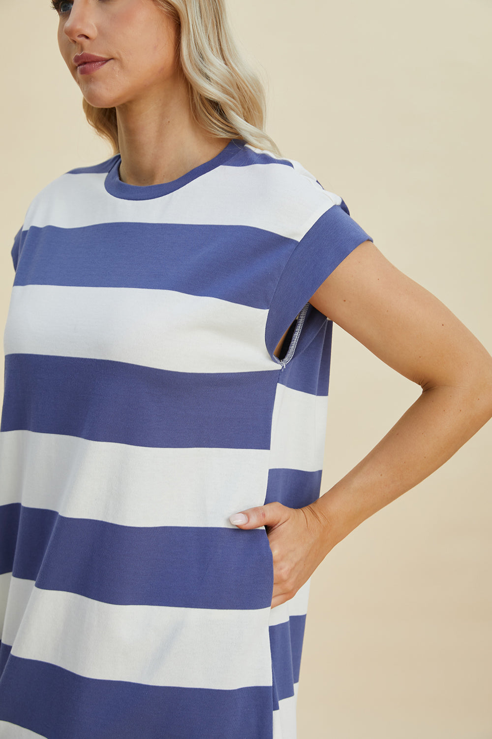 Basic Bae Full Size Striped Round Neck Cap Sleeve Mini Dress *