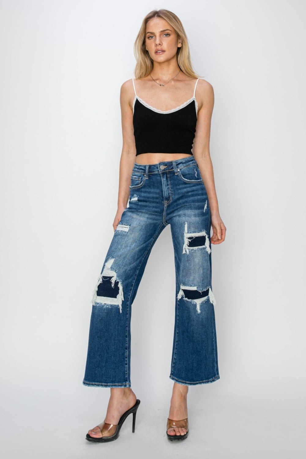 Risen Full Size High Rise Patch Detailed Wide Leg Crop Jeans *