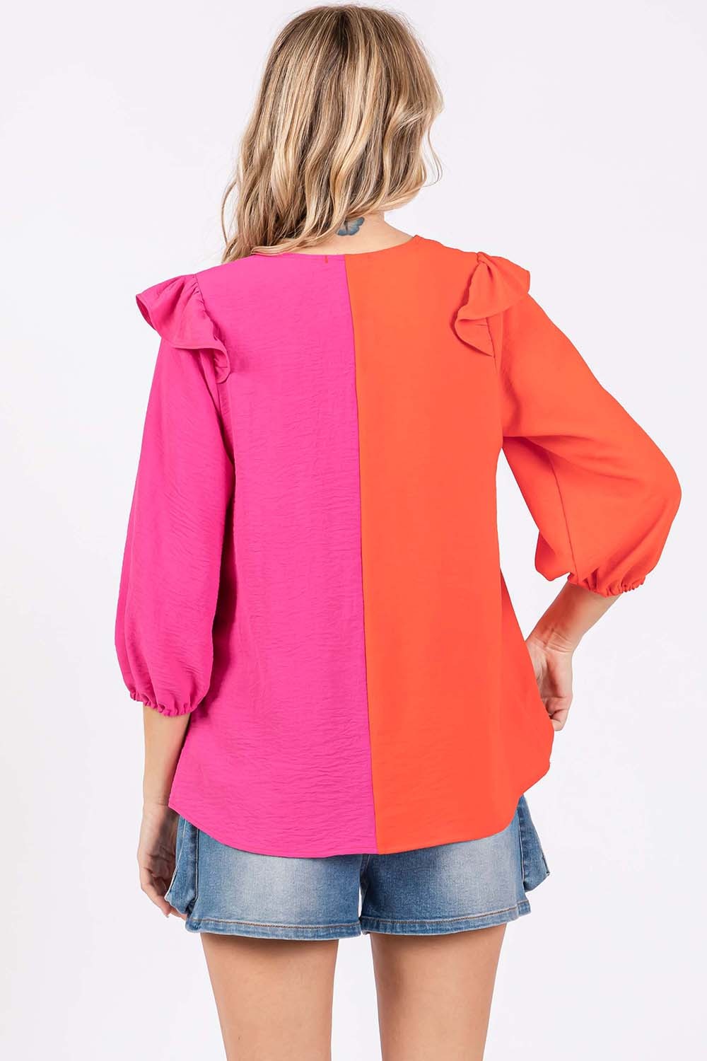 GeeGee Full Size Ruffle Trim Contrast Blouse *