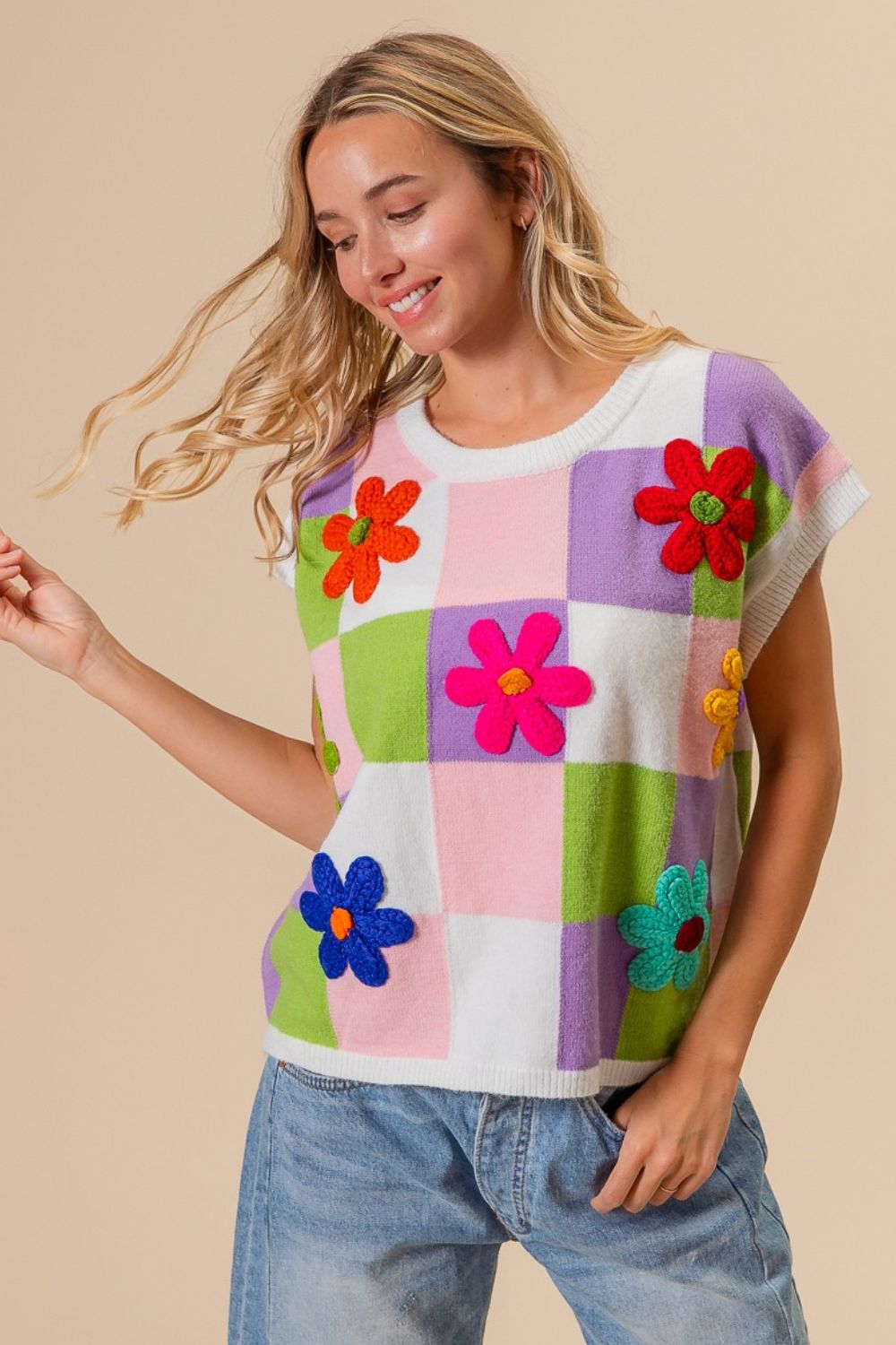 BiBi Flower Patch Checkered Sweater Vest - Brand BiBi