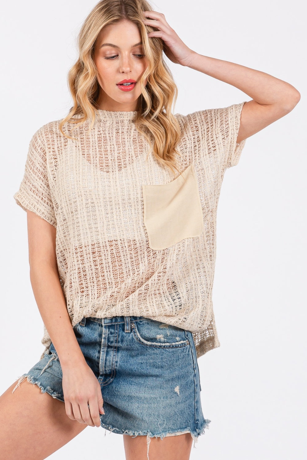 Ces Femme See Through Crochet Mock Neck Cover Up *