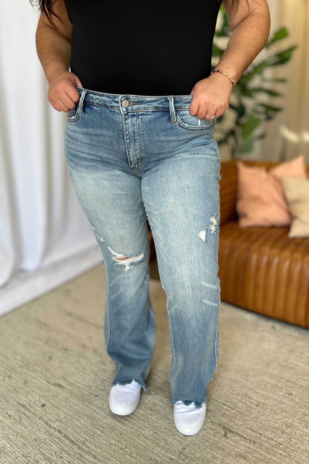 Judy Blue Full Size Medium Rise Tummy Control Destroy Flare Jeans *