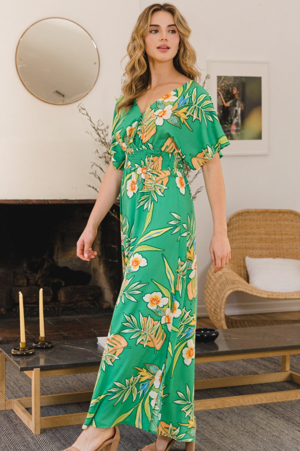 ODDI Full Size Floral Smocked Tied Back Maxi Dress *