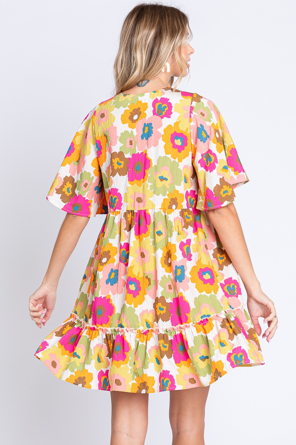 GeeGee Floral V-Neck Ruffle Hem Mini Dress *