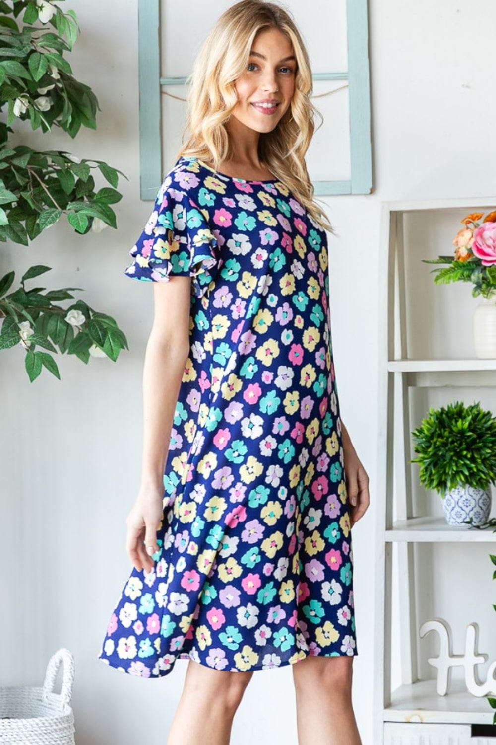 Heimish Full Size Floral Ruffled Short Sleeve Dress with Pockets *