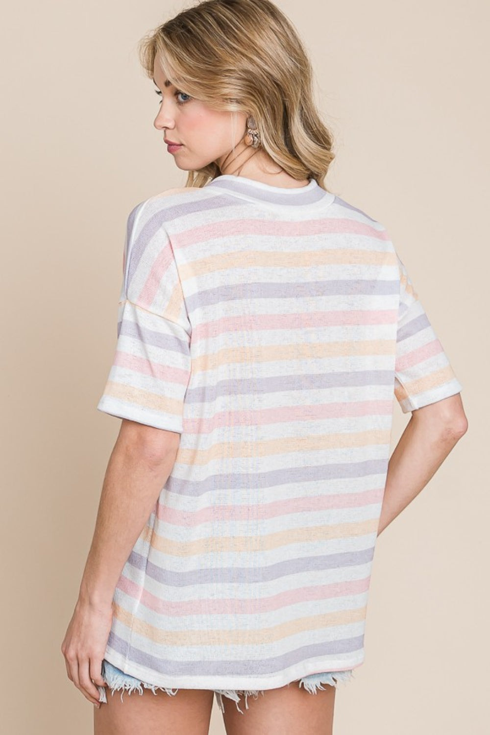 BOMBOM Striped V-Neck Short Sleeve T-Shirt *
