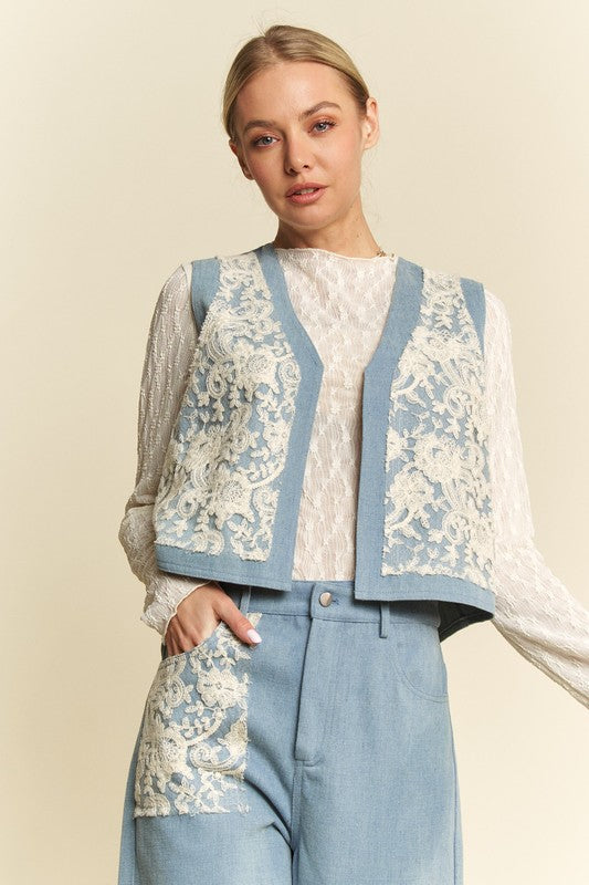 Davi & Dani Lace Patch Open Front Denim Vest *