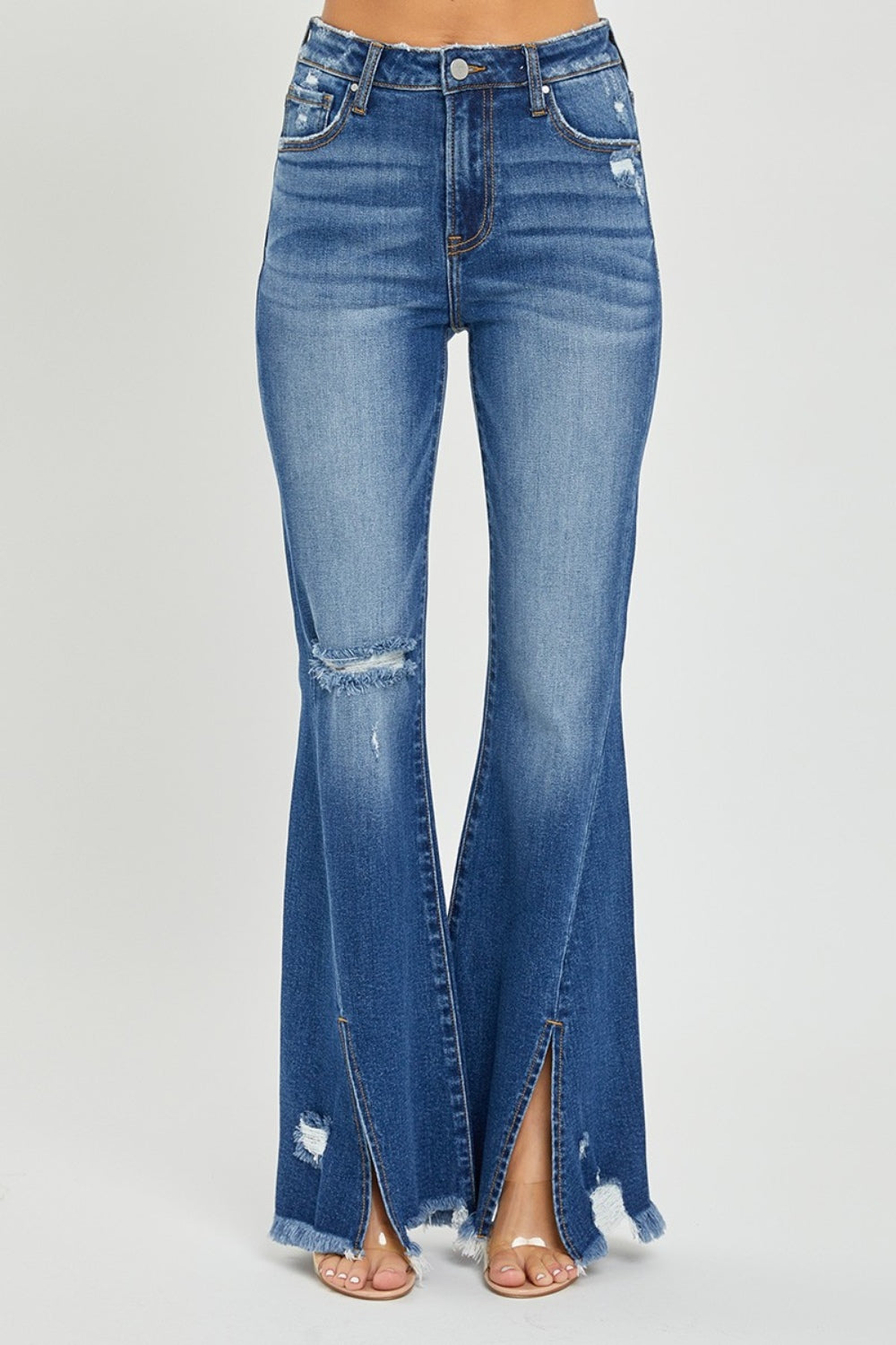 RISEN Full Size High Rise Front Slit Frayed Hem Flare Jeans *
