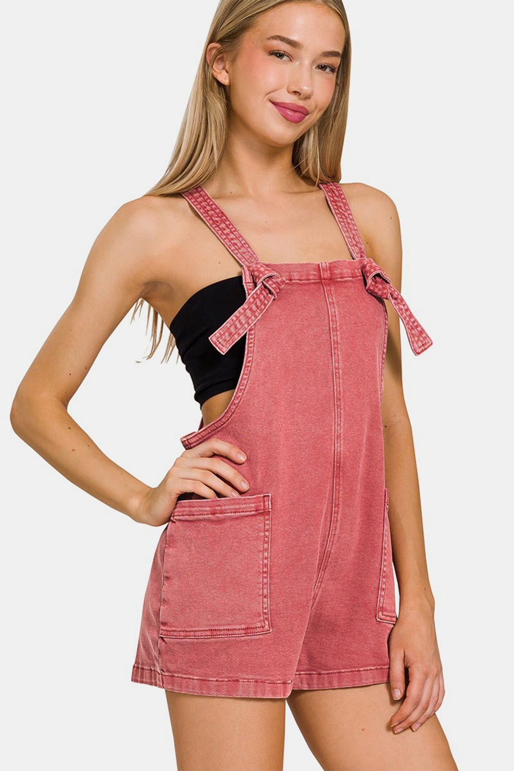 Zenana Washed Knot Strap Rompers *