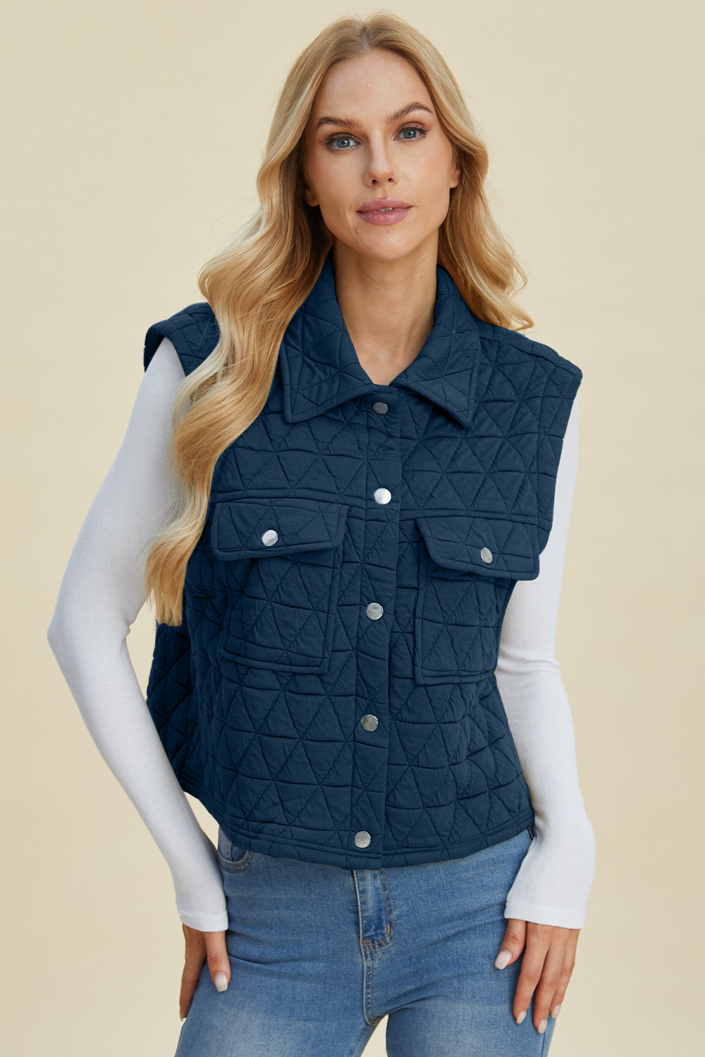 Double Take Full Size Pocketed Texture Snap Down Vest Coat *