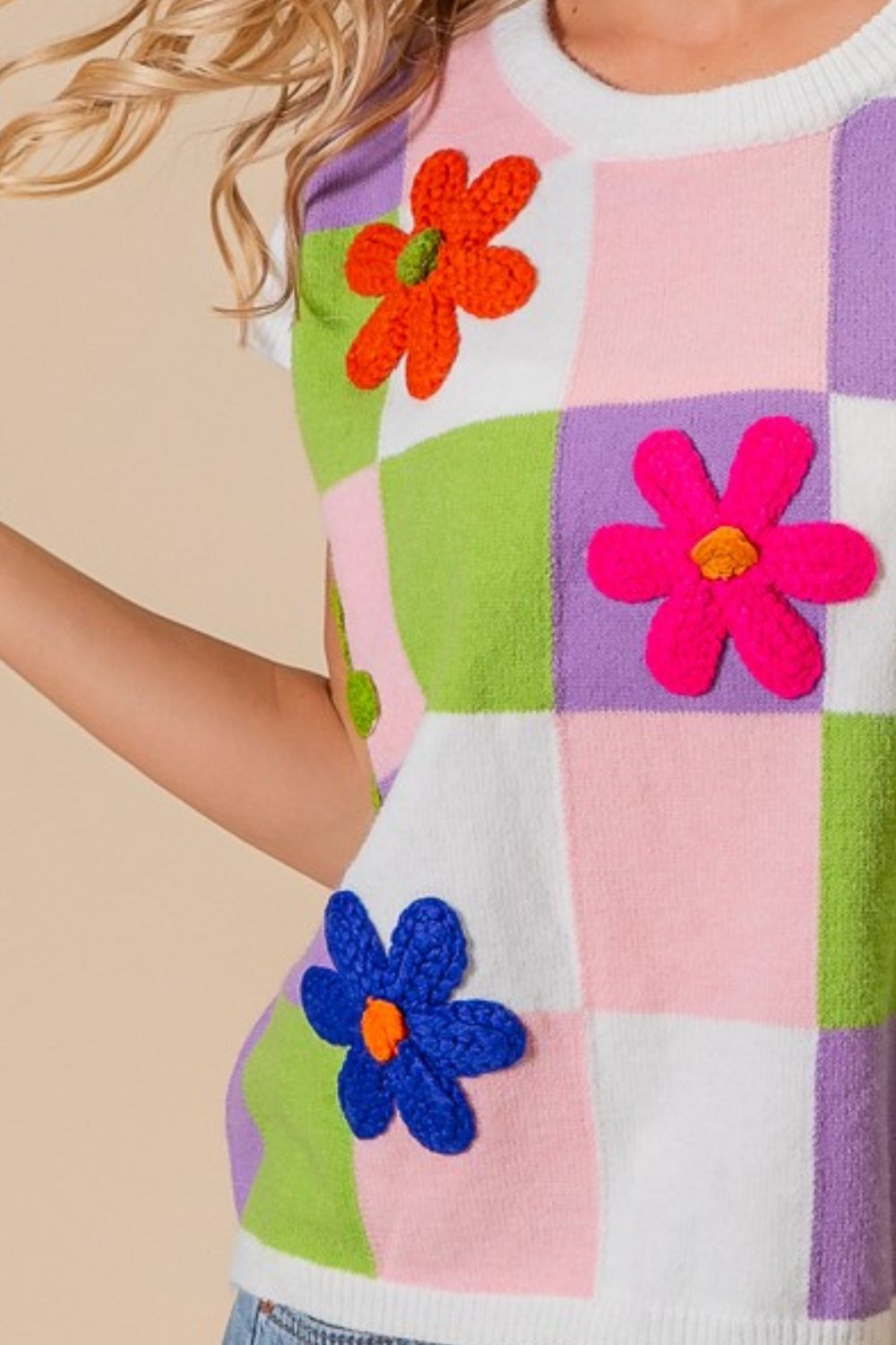 BiBi Flower Patch Checkered Sweater Vest - Brand BiBi