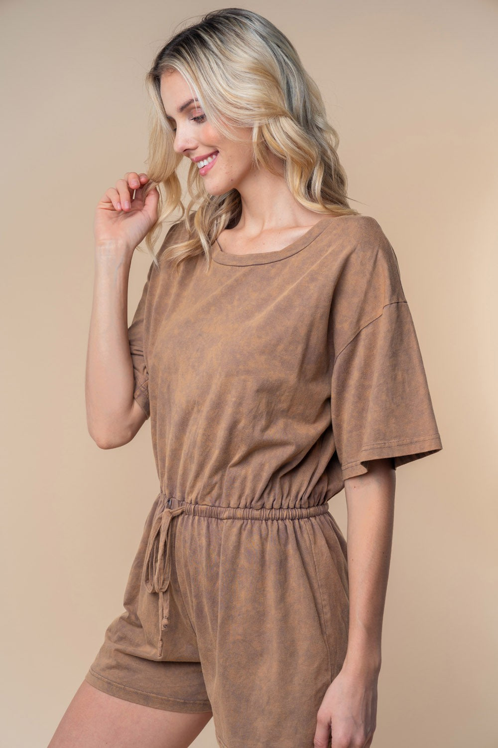 White Birch Full Size Short Sleeve Drawstring Romper *