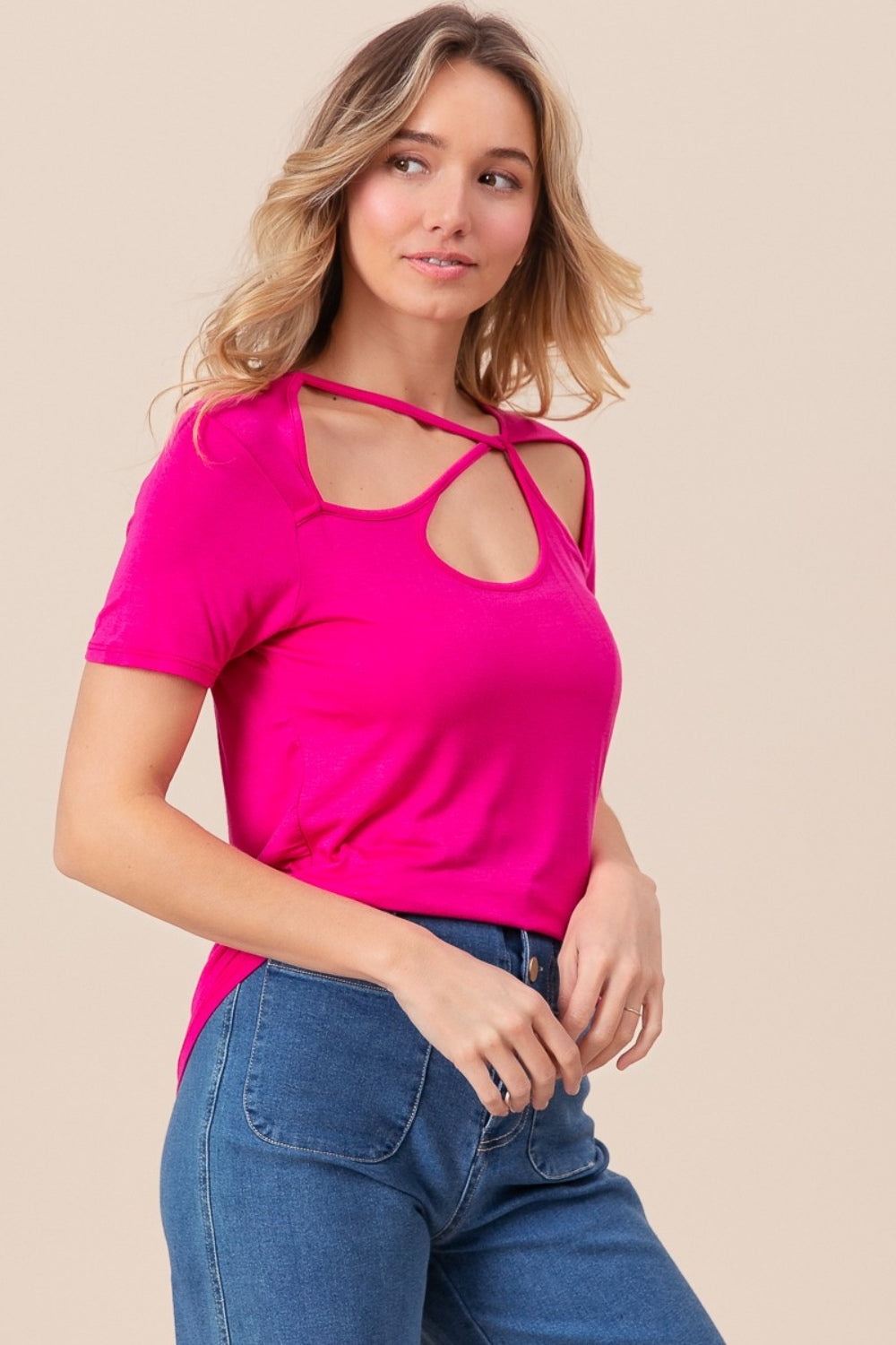 BiBi Cutout Asymmetrical Neck Short Sleeve T-Shirt - Brand BiBi *
